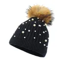 Black knit beanie with white pearls and a large brown faux fur pom-pom on top - M (56-58cm) / Black