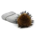 Close-up of light gray ribbed knit wool hat with a large brown fluffy raccoon fur pom-pom - M (56-58cm) / Light Gray
