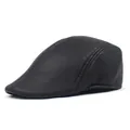 Detailed view of black PU leather flat cap showing fine texture and reinforced double stitching - M (56-58cm) / Matte Black