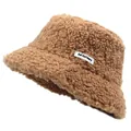 Detail shot of khaki teddy fleece bucket hat featuring soft texture and woven label - Khaki
