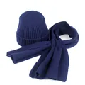 Dark blue knitted beanie and scarf set with vertical ribbed pattern for women - Navy Blue