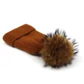 Detailed knit texture and fluffy raccoon fur pom-pom on caramel wool beanie hat - M (56-58cm) / Caramel color