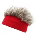 Detailansicht der lustigen Perückenmütze mit roter Strickbasis und flauschigem braunem Haar - Rot + Kaffeebraune Perücke