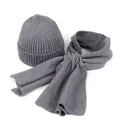 Solid grey knitted beanie and scarf set featuring ribbed pattern for winter warmth - Gray