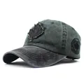 Detailed close-up of maple leaf patch and Canada embroidery on vintage gray baseball cap - Adjustable / Black Brim Army Green Top