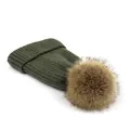 Winter knit wool hat in dark green with a fluffy faux fur pompom for cold weather - M (56-58cm) / Green