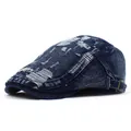 Retro Baskenmütze aus gewaschenem Denim mit Used-Look und verstellbarer Schnalle - Verstellbar / Dunkelblau