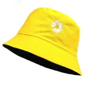 Yellow cotton bucket hat with white daisy embroidery and black lining for women summer - Adult 58cm / Yellow