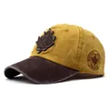 Detail of vintage washed cotton baseball cap with maple leaf patch and side embroidery - Adjustable / Coffee Brim Yellow Top