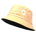 Pink bucket hat with daisy embroidery and black lining, stylish reversible sun hat design - Adult 58cm / Orange