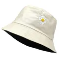 Chapeau bob crème avec broderie marguerite et intérieur noir réversible pour femme - Poche zippée
