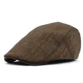 Gorra plana de algodón y lino marrón con patrón de cuadros cruzados en ángulo de 45 grados - Ajustable / café