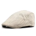 Primer plano de boina de lino beige transpirable con textura de cuadros y diseño vintage - Ajustable / Beige