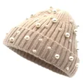 Elegant beige knitted beanie with white pearl embellishments and ribbed cuff - Full Pearl Beige