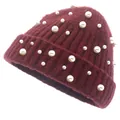 Bonnet en maille bordeaux pour femme orné de perles blanches élégantes d'hiver - Perle Pleine - Rouge Vin