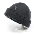 Dark grey knitted beanie featuring distressed details with metal rings and safety pin - M (56-58cm) / Dark Gray