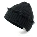 Distressed black ribbed knit beanie with vintage ripped details for winter fashion - M (56-58cm) / Black