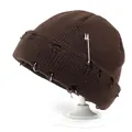 Close-up of brown distressed knit beanie featuring silver metal rings and safety pin detail - M (56-58cm) / Coffee