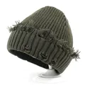 Distressed dark green ribbed knit beanie with frayed holes for a street style winter look - M (56-58cm) / Green