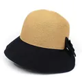 Détail d'un chapeau de paille à larges bords avec tressage kaki, tissu noir et nœud - M (56-58cm) / Kaki et Noir