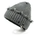 Close-up of grey knit beanie featuring distressed ripped details and ribbed texture - M (56-58cm) / Gray