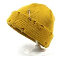 Mustard yellow ribbed knit beanie with silver rings and safety pin distressed design - M (56-58cm) / Yellow