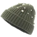 Bonnet en tricot vert foncé avec perles blanches et texture à rayures verticales - Demi-Perle Vert