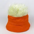 Detail of orange cotton bucket hat featuring funny white long faux hair decoration - Adjustable / Orange