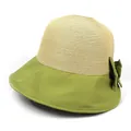 Chapeau de paille à large bord pour femmes en beige et vert avec nœud élégant - M (56-58cm) / Beige+Vert