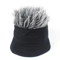Funny black fisherman hat with grey faux wig hair for hip-hop and novelty street style - Adjustable / Black