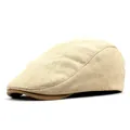 Detail of vintage beige cotton wool ivy cap featuring clear herringbone weave pattern - M (56-58cm) / Beige