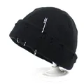 Black knit beanie featuring ripped distressed style with silver rings and pin accessories - M (56-58cm) / Black