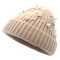 Bonnet tricoté pour femme orné de perles avec texture côtelée en beige clair - Demi-Perle Beige