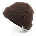 Berretto in maglia di lana marrone scuro stile vintage con bordi strappati e a coste - M (56-58cm) / caffè