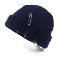 Navy blue knit beanie featuring silver rings, safety pin decor, and distressed hole details - M (56-58cm) / Navy Blue