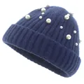 Bonnet en tricot bleu foncé pour femme avec perles blanches et texture côtelée - Demi-Perle Bleu Marine
