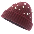Bonnet en tricot bordeaux foncé orné de perles avec texture classique à côtes - Demi-perle - Rouge Vin