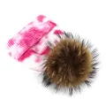 Detail of pink and white tie-dye knit beanie featuring a fluffy brown pom-pom decoration - M (56-58cm) / Rose Red