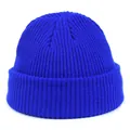 Detail of bright blue ribbed knit texture and cuff on a minimalist acrylic beanie - M / Sapphire Blue