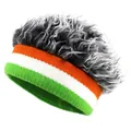 Close-up of fluffy grey wig headband with orange, white and green striped knit fabric - Orange Stripe Gray