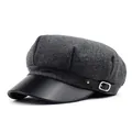 Detail of wool blend octagonal newsboy hat with black faux leather brim and metal buckle - M(56-58cm) / Dark Gray