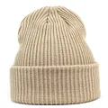 Detailed view of the ribbed knit texture and wide cuff on a beige winter beanie hat - M(56-58cm) / Beige