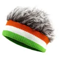 Close-up of funny beanie featuring grey faux hair with orange, white and green stripes - Orange Stripe Coffee