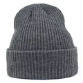 Close-up of dark grey cuffed beanie showing coarse vertical knit texture and soft yarn fibers - M(56-58cm) / Dark Gray