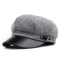 Detail of grey wool octagonal hat with black leather brim and silver metal buckle - M(56-58cm) / Light Gray