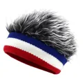 Close-up of knit beanie with red, white, blue stripes and grey synthetic wig top - Blue White Stripe Gray