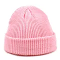 Detailed view of pink rib-knit beanie showing the thick acrylic fiber texture and fold-over cuff - M / Pink