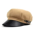 Detail of khaki wool newsboy hat featuring a black leather brim and silver buckle strap - M(56-58cm) / Khaki