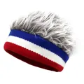 Creative camouflage knitted visor hat with silver grey wig and red white blue stripes - Blue White Stripe Coffee