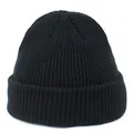 Close-up of the black ribbed knit texture and folded cuff on the warm acrylic beanie - M / Black